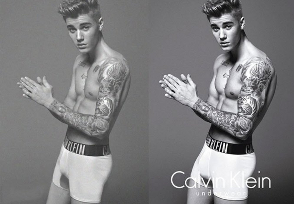 Justin Bieber by Mario Testino, before and after photoshop